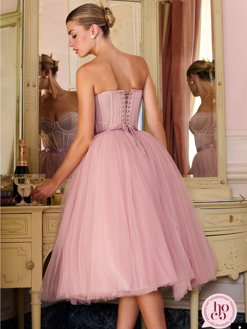 House of CB Darling French Rose Tulle Midi Dress, a strapless size small - Picture 2 of 15